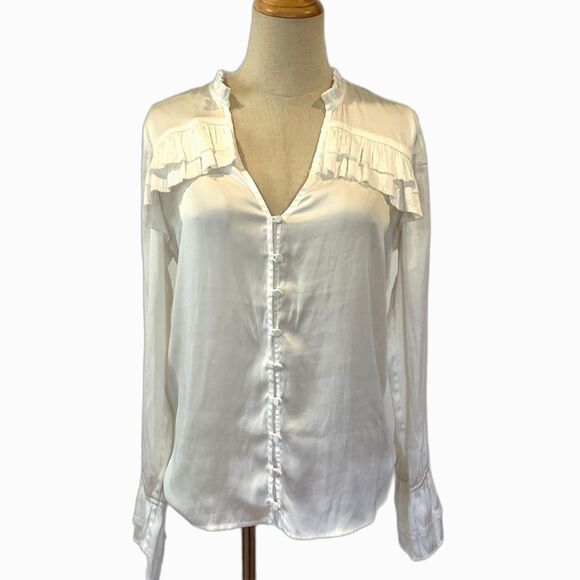Paige Anguilla White Ruffled Blouse Satin V-Neck Small Button Front - Picture 1 of 5
